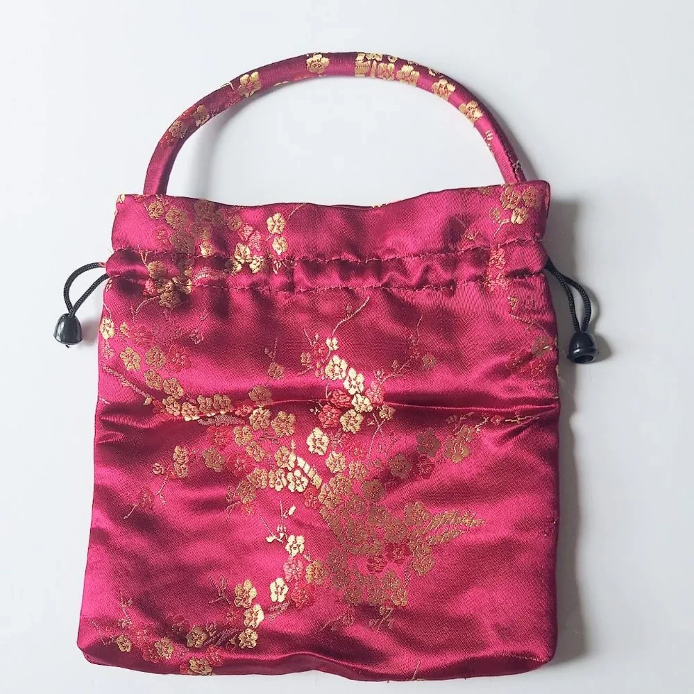 Fuchsia Oriental Handled Drawstring Satin Bag Matching Coin Purse